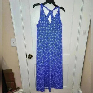 NWT Size Large Melly M Blue Floral 70s Psychedelic Slinky Maxi Dress Made in USA